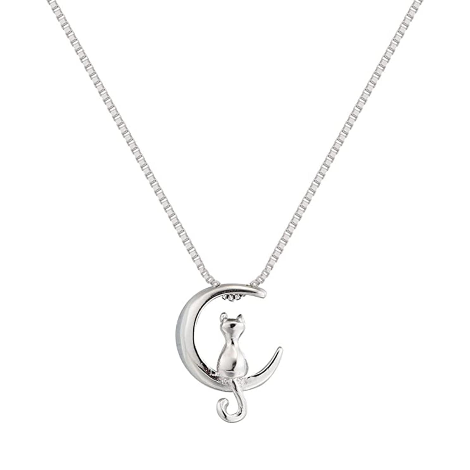 NEW 18" Sterling Silver Cat on Moon Pendant Necklace
